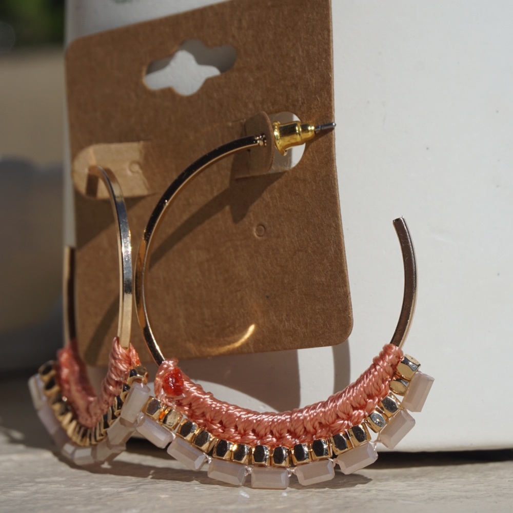 Coral Beaded Gold Hoop Earrings